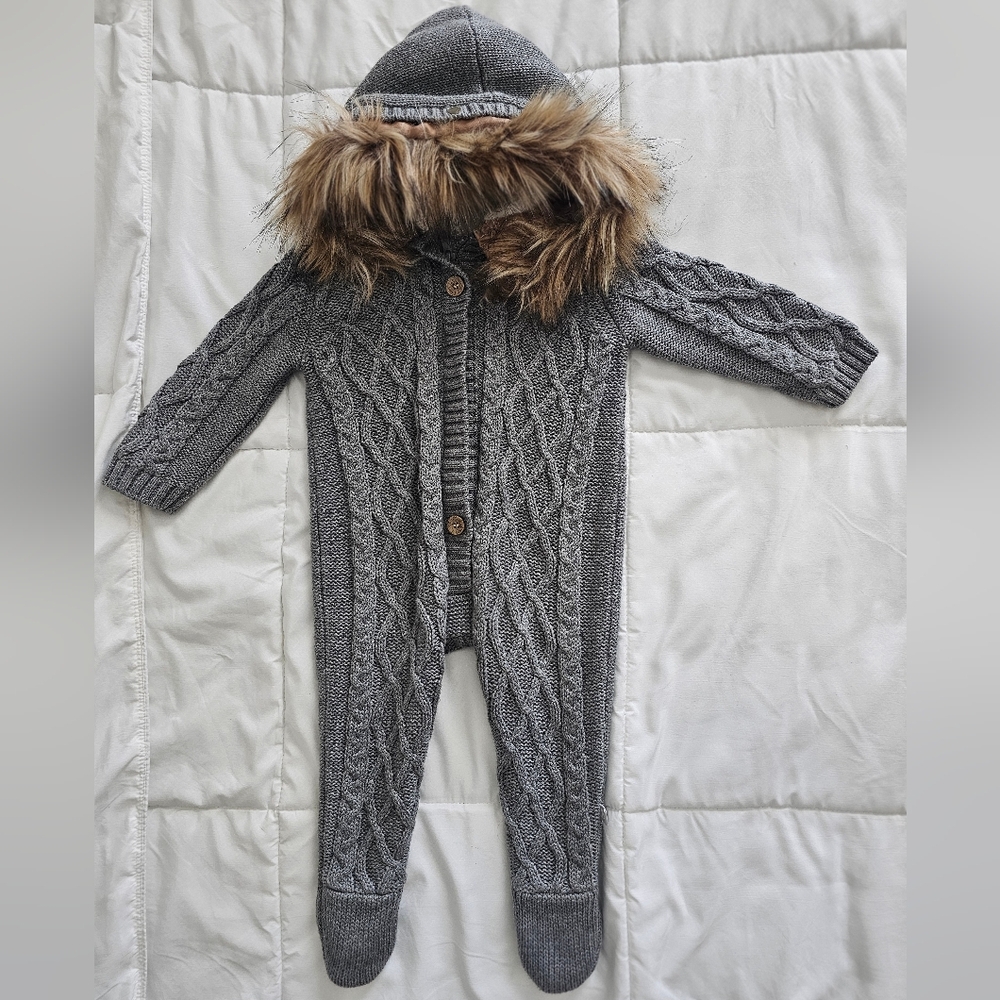 Gray Cable Knit Kids One Piece with Faux Fur Trim